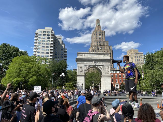 Hundreds of protesters assemble at Washington Square Park in demonstration against police violence.
